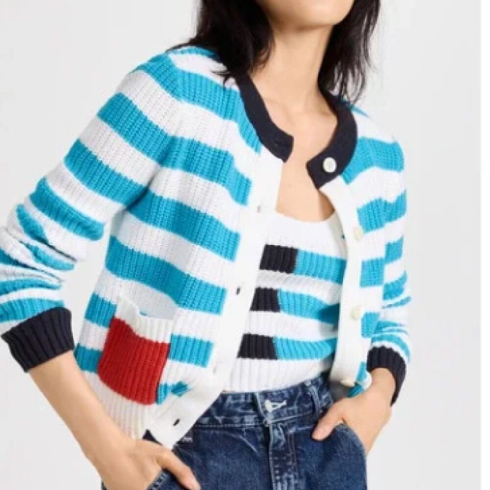 Staud 'Tide' Blue Crewneck Striped Cardigan Size S